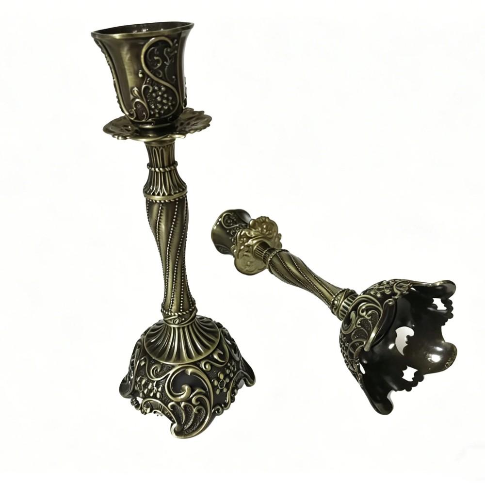 2 Piece Vintage Bronze Candle Holders, 7.4 Inch European Vintage Metal, Centerpiece for Shabbat, Wedding, Christmas, Halloween, Elegant Home Decor
