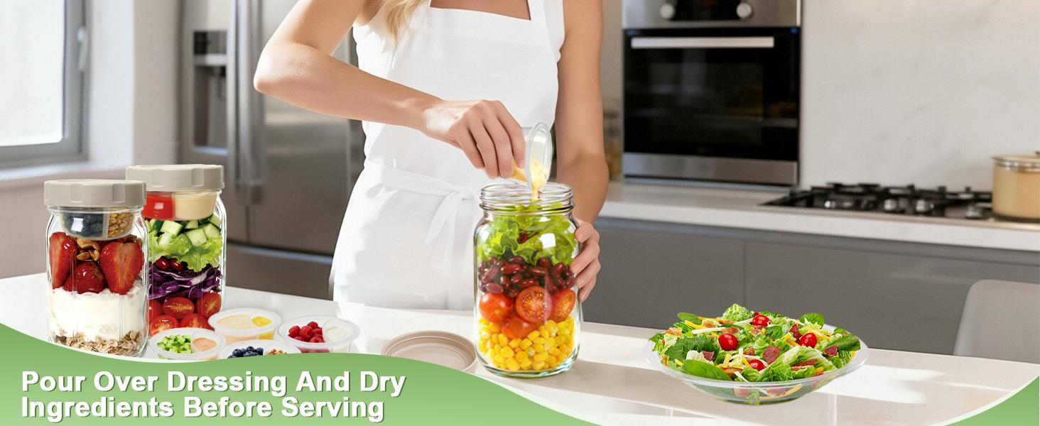 4 Pack Glass Salad Jars with Lids,32oz Mason Jars for Meal Prep,Leakproof Lunch Container with Two Small Built-in Boxes for Wet/Dry Separation of Salad Dressing and Dry Ingredients( Apricot White)