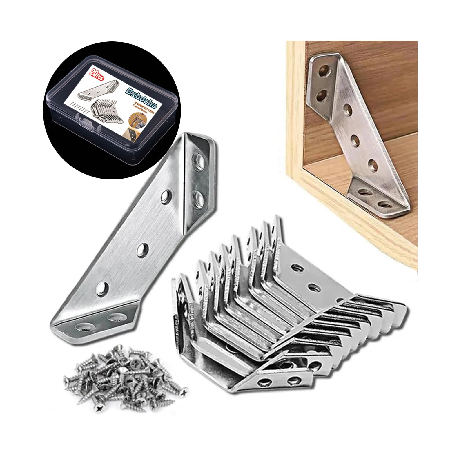20PCS Heavy Duty Stainless Steel L-Angle Metal Brackets, Durable Hardware Furniture Corner Connectors, Mounting Brackets Shelves for Secure Fastening of Wood 20PCS Heavy Duty Stainless Steel L-Angle Metal Brackets, Durable Hardware Furniture Corner Connectors, Mounting Brackets Shelves for Secure Fastening of Wood
