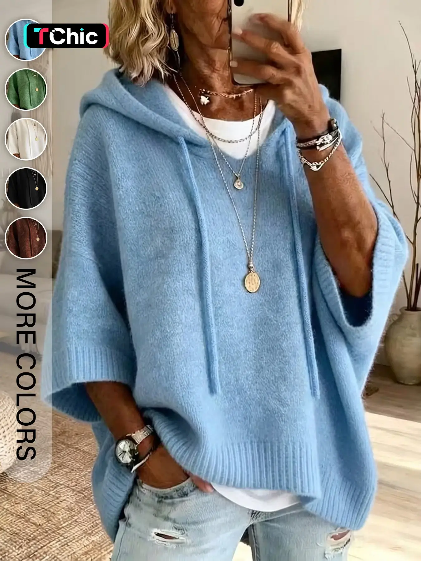 Women's Fall & Winter Solid Color Hooded Drawstring Loose Fit Knit Pullover, Casual Comfortable Sweater for Daily Wear, Stylish and Warm Knitwear