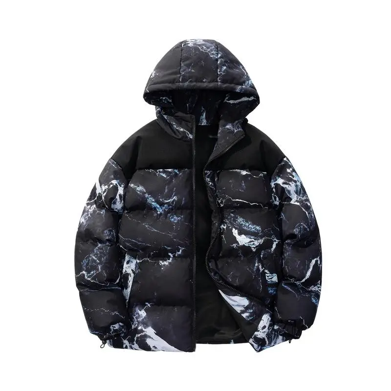 Men's Marble Print Hooded Down Jacket – Winter Puffer Coat for Cold Weather, Warm & Casual Streetwear Design