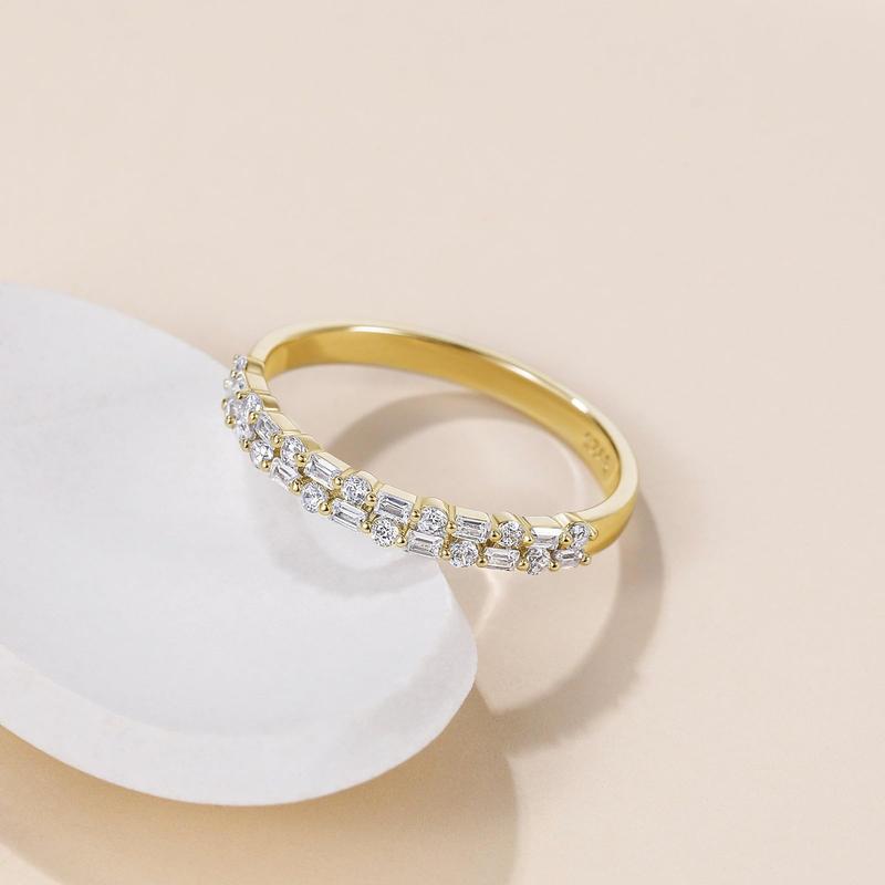 EAMTI 925 Sterling Silver Wedding Bands for Women Baguette Round Cubic Zirconia Two-Row Eternity Band Stackable Engagement Rings