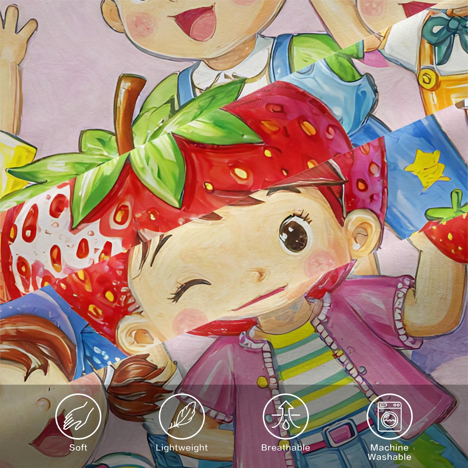 Strawberry Sweetheart Fitted Sheet Set and 2 Pillowcases No Core, Bright Colors, Watercolor Style Characters Collection, Soft Anti-Slip Wrinkle-Resistant, Fairy-Tale Girls Room, Kids Room Decor, Gift Idea