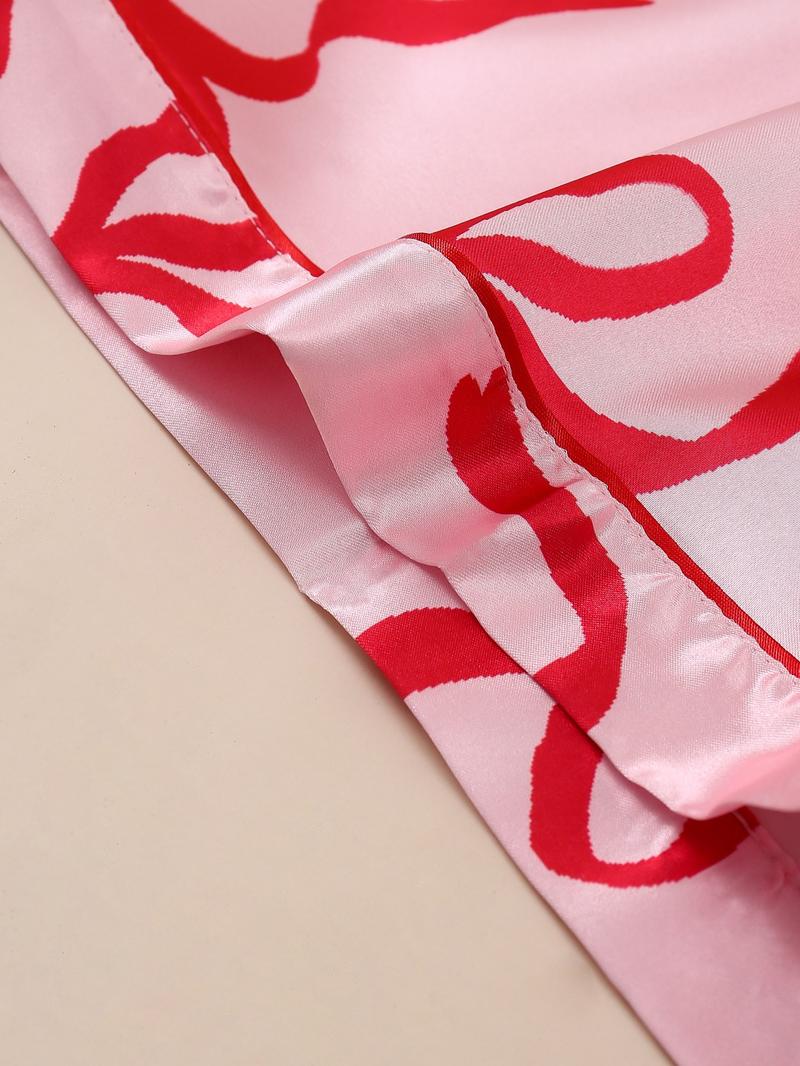 Elegant Women's Pajama Set, Bowknot Print Short Sleeve Top & Elastic Shorts, Valentine's Day Homewear, Casual Sleepwear