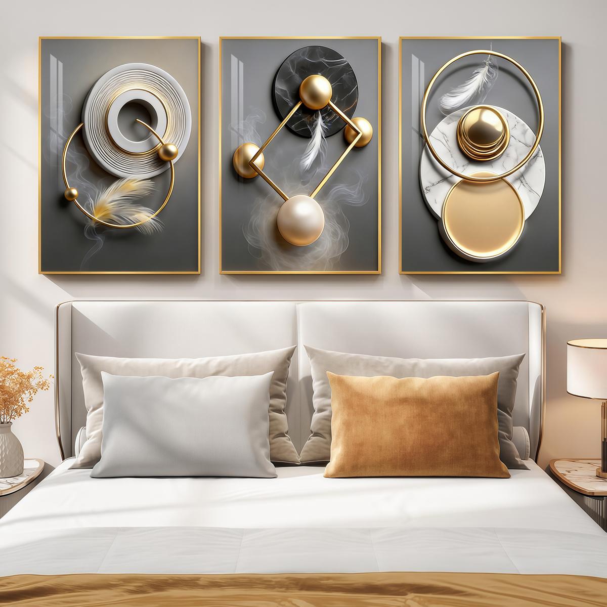 3 Counts Aluminum Alloy Framed Painting, Modern Abstract Geometric Gold And Feather Art Pictures, Home Decoration For Living Room, Bedroom, Office, Restaurant, Hallway Wall Decor, Odorless Print Artwork, Luxury Perfect Gift For Friends And Family