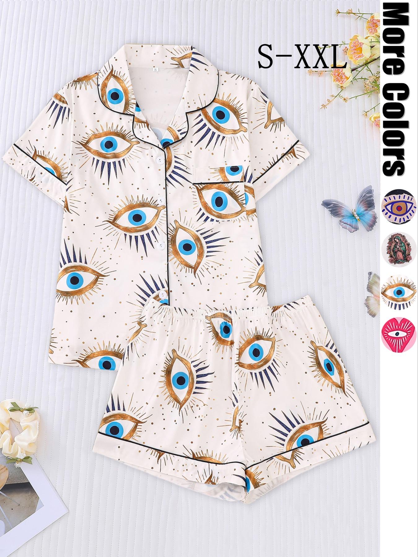 Two-piece Set Women's All Over Print Shirt & Elastic Waist Shorts Pajama, Casual Comfy Top & Shorts Pj Set, Ladies Sleepwear for All Seasons, Loungewear Set Women