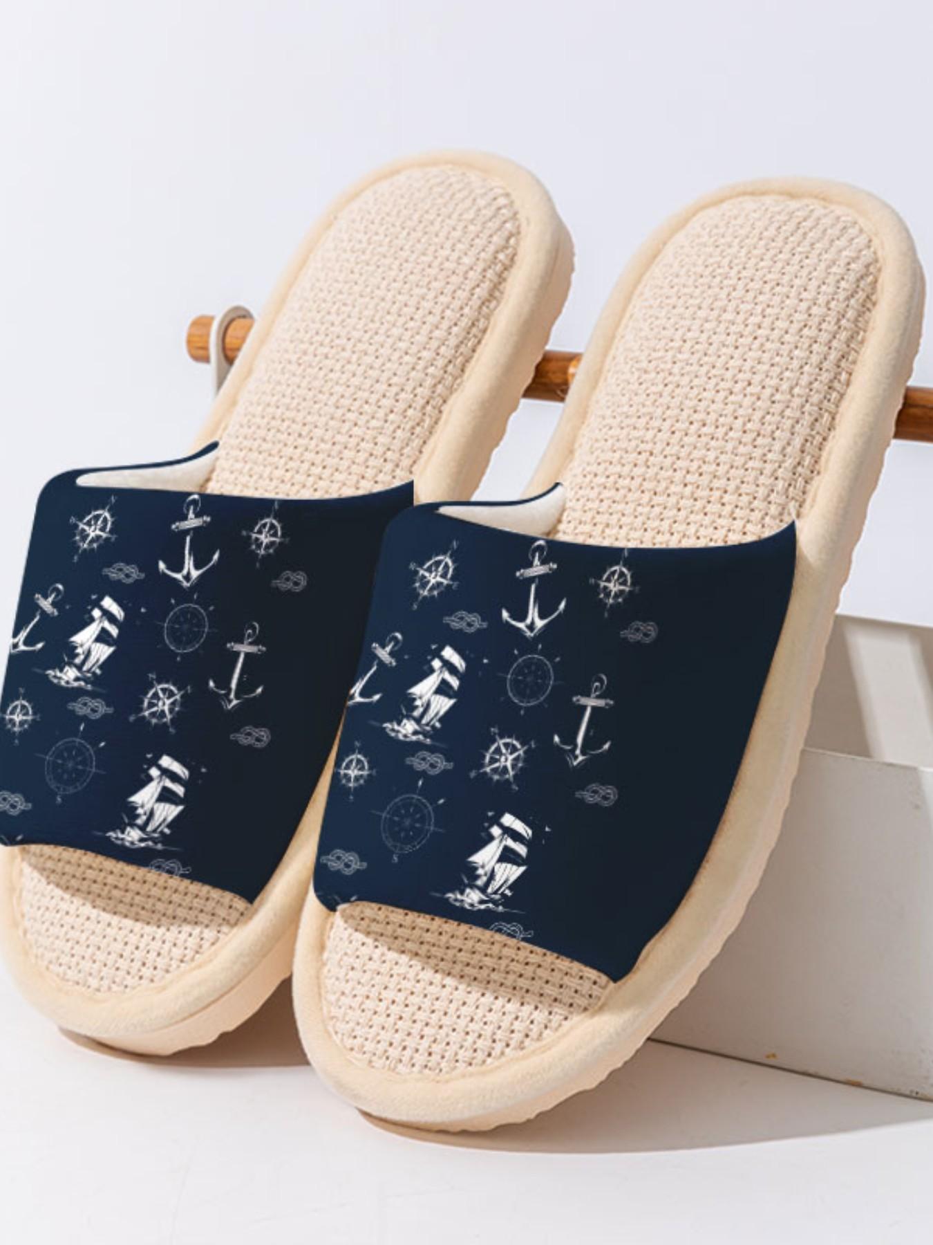 Nautical Compass Linen Slippers, Vintage Nautical Style, Breathable Non-Slip Sole, Bedroom Living Room Daily Wear, Casual Shoes