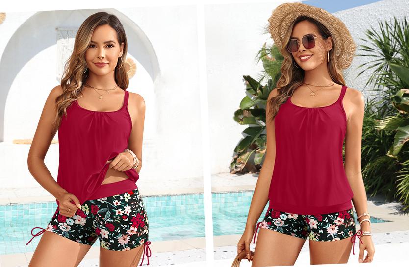 Yonique Womens Blouson Tankini Swimsuits Two Piece Strappy Bathing Suit Tops with Shorts Criss Cross Swimwear