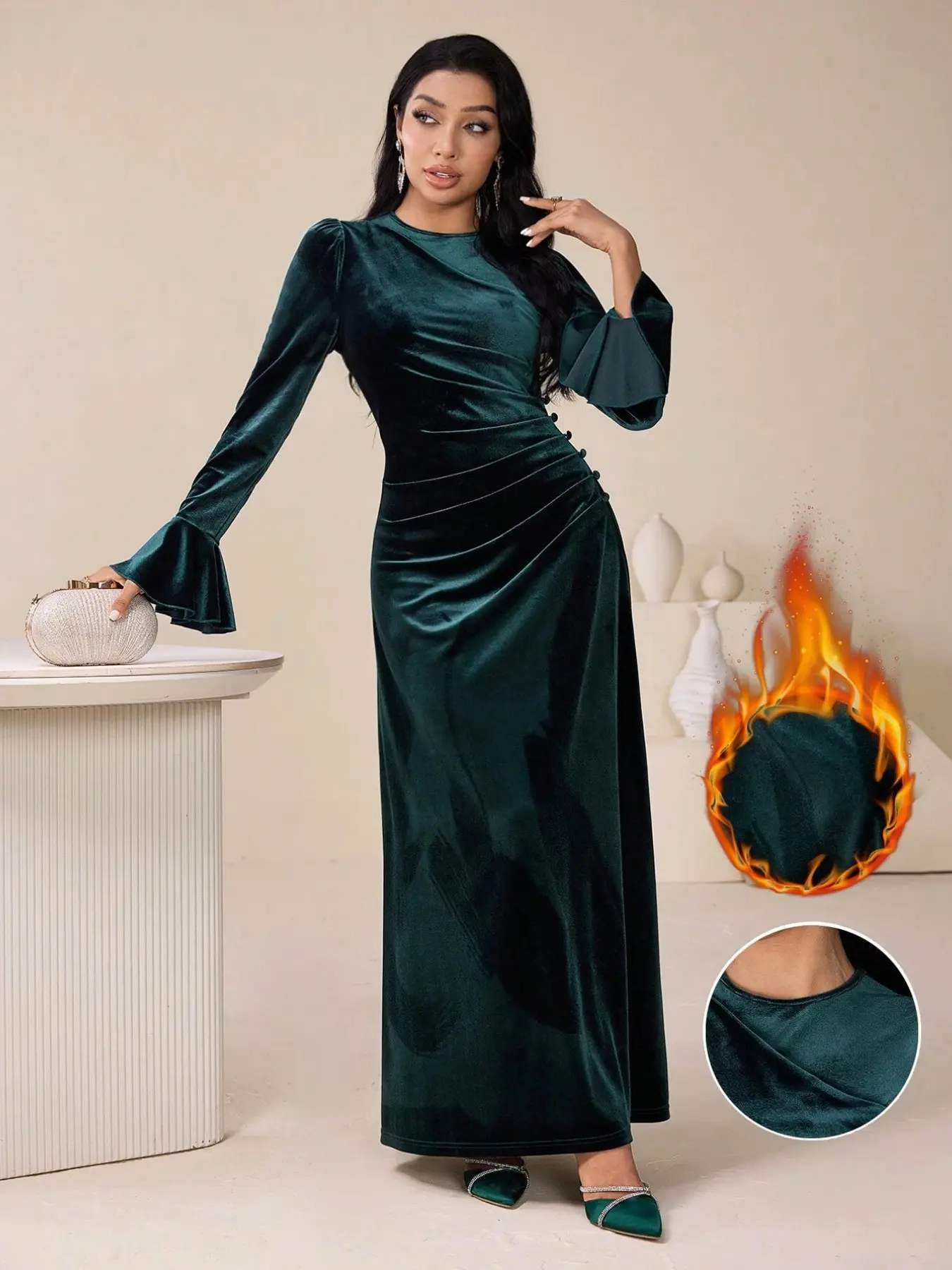 Elegant Velvet Dress for Women, Solid Color Waist Cinched Pleated Bell Sleeve, Stylish Formal Evening Gown, Perfect for Special Occasions