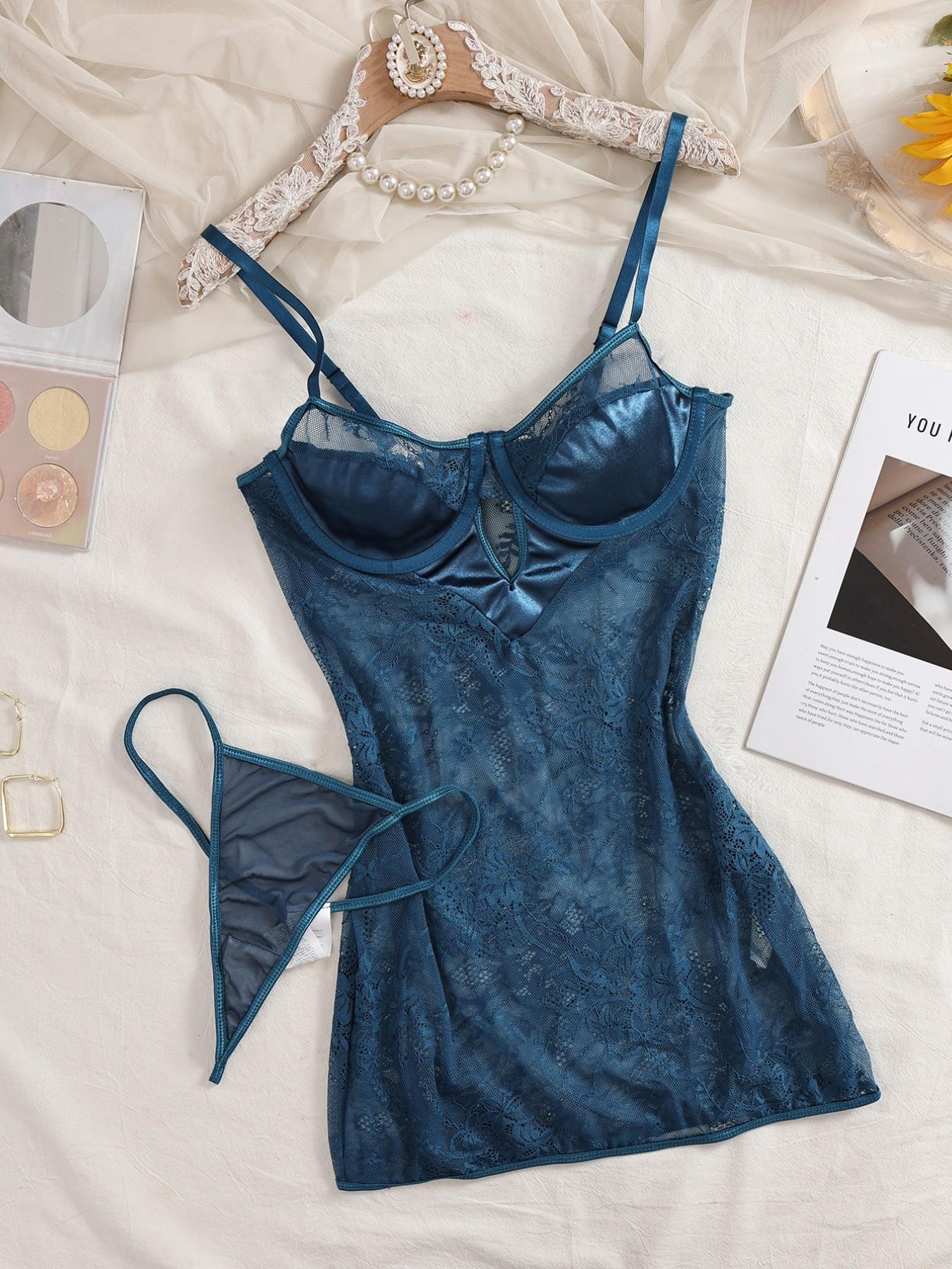 Luxurious Blue Lace 2-Piece Lingerie Set, Satin Slim Fit Strapless Nightgown with Bra Cups, Matching Thong, Elegant Sleepwear for Women