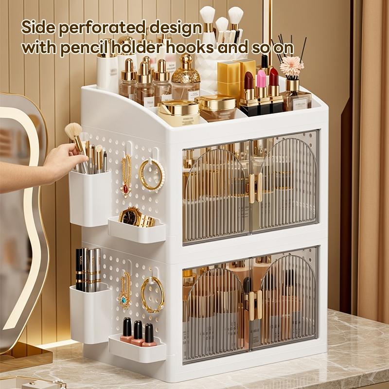 33cm*24.5cm Small Capacity Plastic Storage Cabinet, Magnetic Transparent Double Door, Organizer for Cosmetics and Small Items, Durable and Stylish