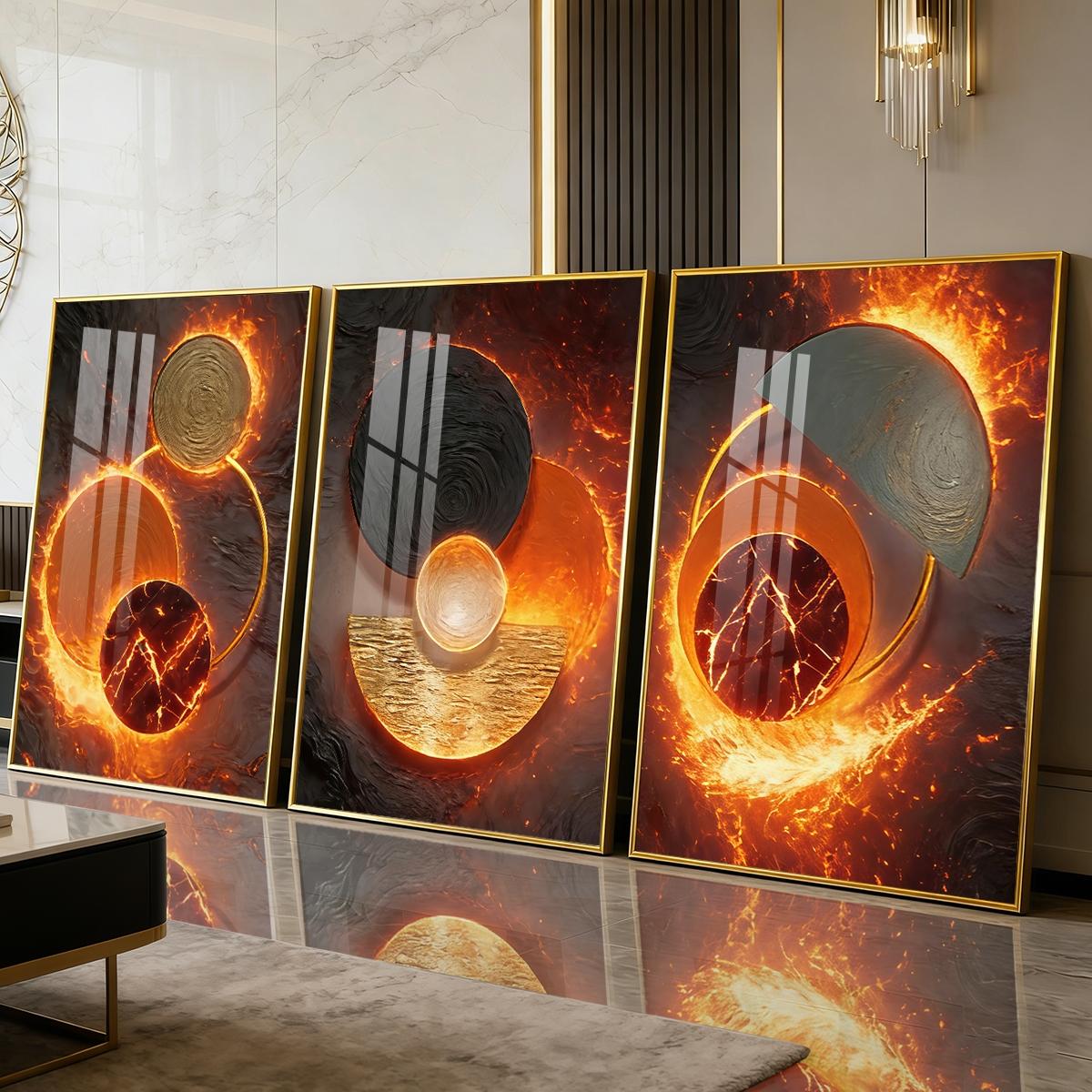 3 Counts Aluminum Alloy Framed Painting, Abstract Fire And Lava Geometry Pictures, Home Decoration For Living Room, Bedroom, Office, Restaurant, Hallway Wall Decor, Odorless Print Artwork, Luxury Perfect Gift For Friends And Family