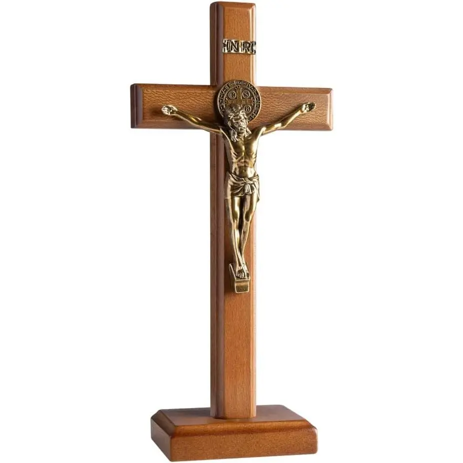 Catholic Crucifix Cross 10.7 Inch Wooden Jesus Christ Wall Cross, Hanging or Tabletop Stand for Home Decor (10.7" L x 5.0" W)Gift