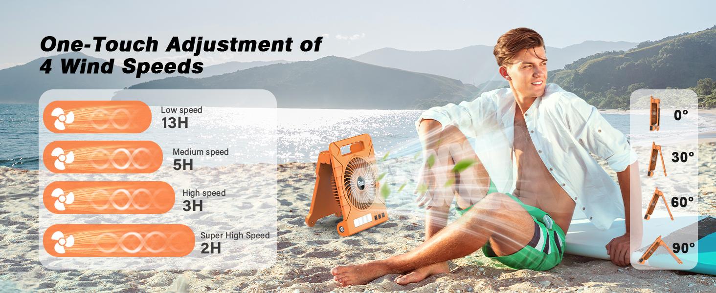 Solar Camping fan portable with LED light , Rechargeable, 4-Speed, Timer, Cordless, Hanging Hook for Outdoor, Travel, Hiking, Beach, Tent, Home Use