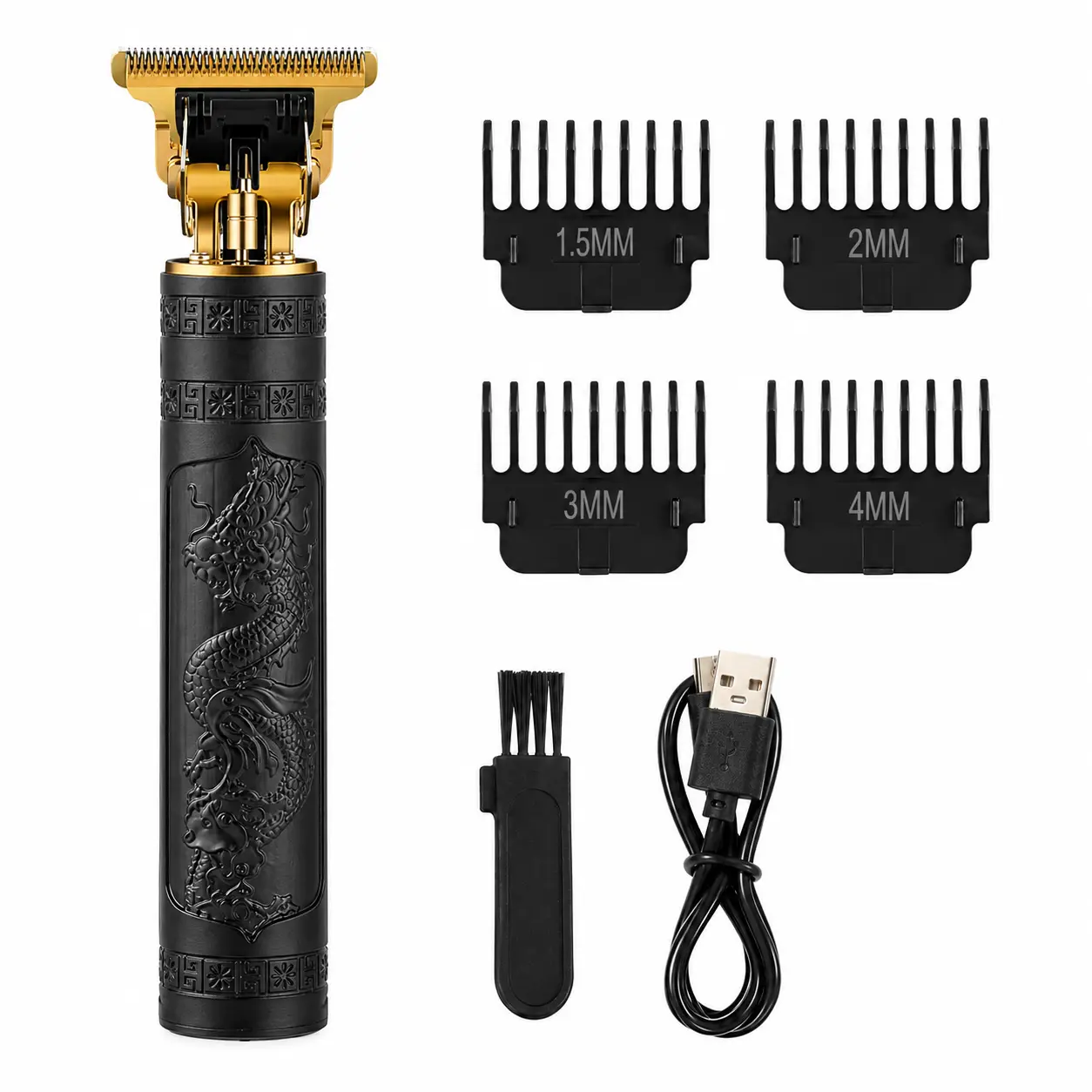 Dragon Engraved Cordless Hair Trimmer for Men, Wireless USB Rechargeable T-Blade Clipper Shaver Set, 4 Guide Combs, Close Cut Professional Barber Hair Cutting Machine