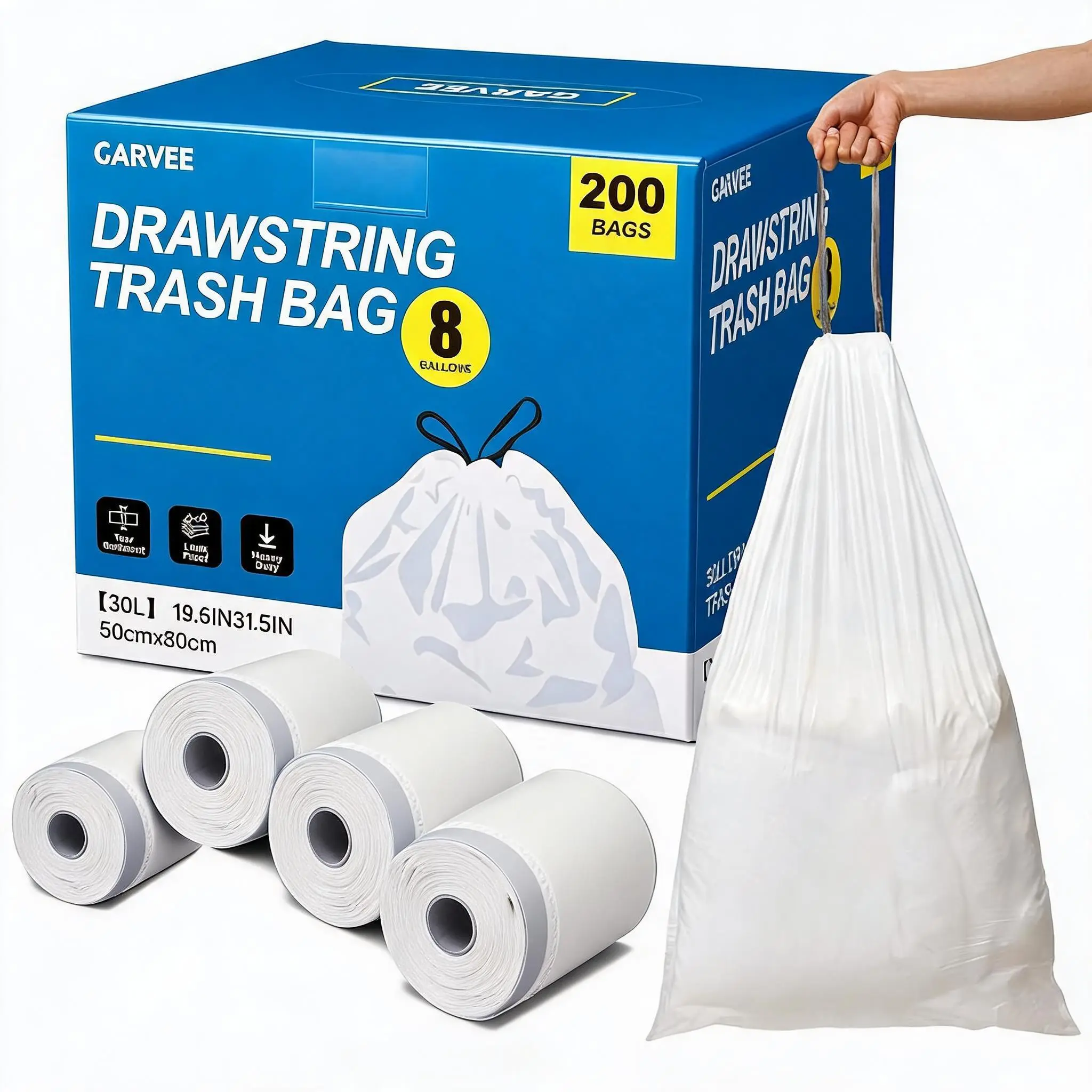 Heavy-Duty HDPE Trash Bags, 30L, 4 Count Kitchen Bin Liners, Puncture & Tear Resistant, Leak Resistant, 50 x 80 cm