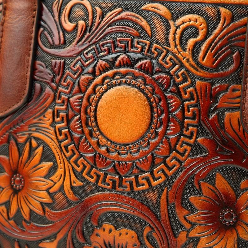 Vintage Tannery Craft Embossed Handbag, Traditional Floral Pressed Large Capacity Commuter Bag, Mom Style Shoulder Crossbody Bag