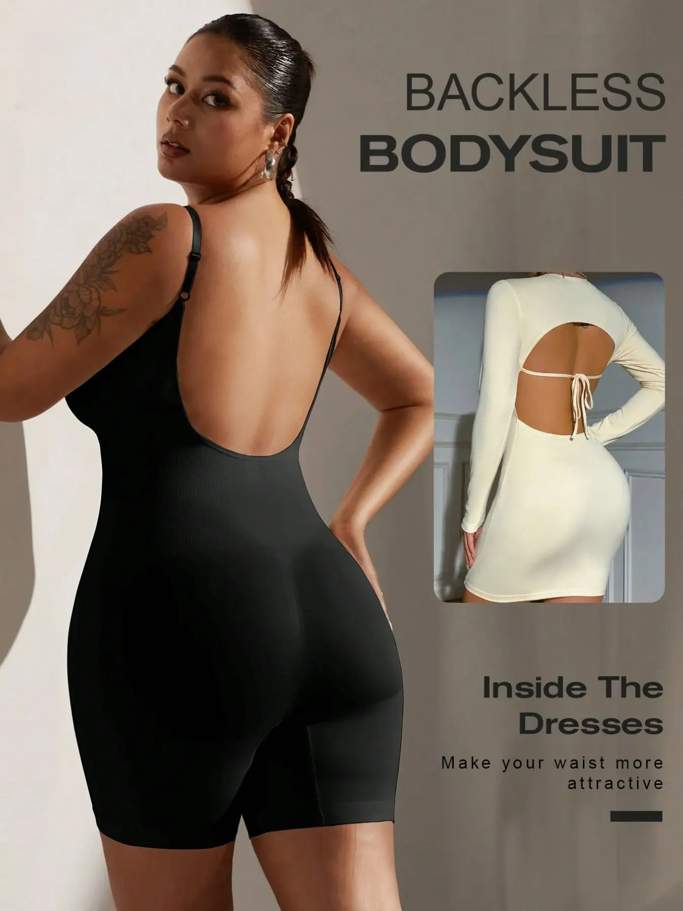 Women’s Backless Bodysuit, Fitted Sleeveless Stretch One-Piece with Low Open Back, Thin Shoulder Straps and Smooth Shorts Bottom, Stylish Layering Piece for Dates, Parties, Casual Outfits and Evening Wear