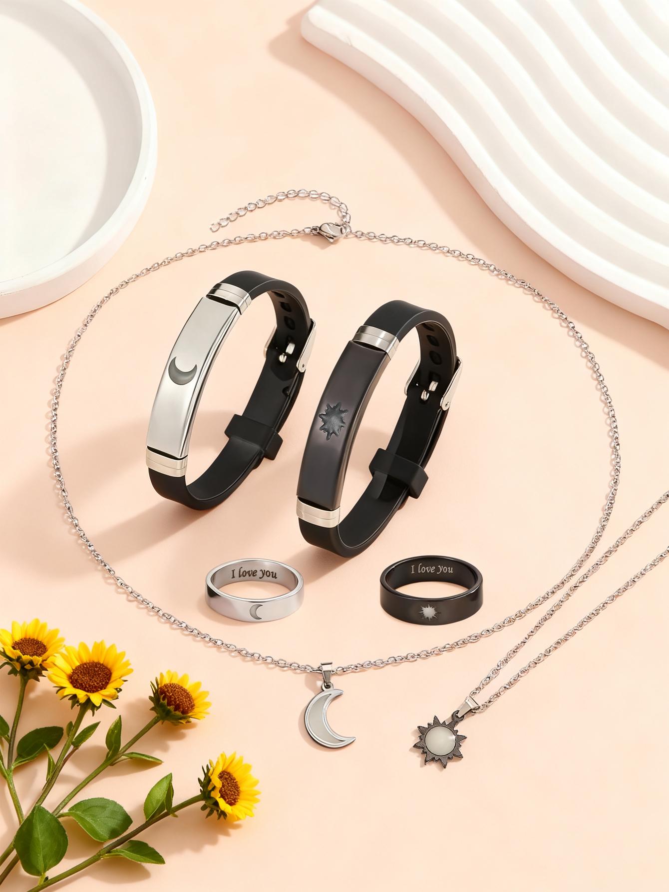 6 Piece Glow-In-The-Dark Moon & Sun Couple Necklace Bracelet Ring Couples Jewelry Set, Simple Cute Style, Perfect Gift for Valentine's Day