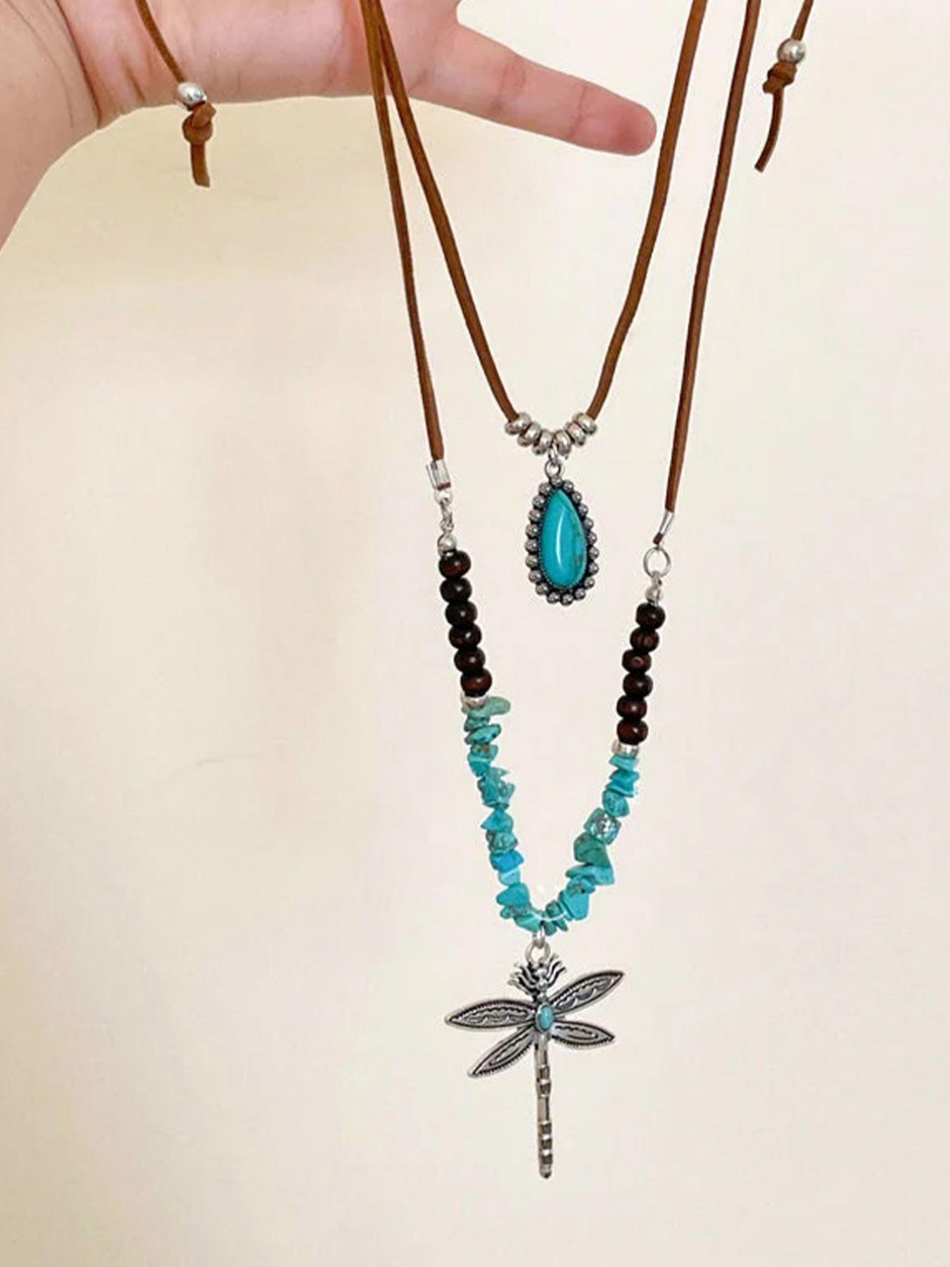 Women's Multi-Layer Dragonfly Turquoise Necklace, Bohemian Style Pendant Jewelry Set, Perfect for Holidays, Daily Wear, and Gifting