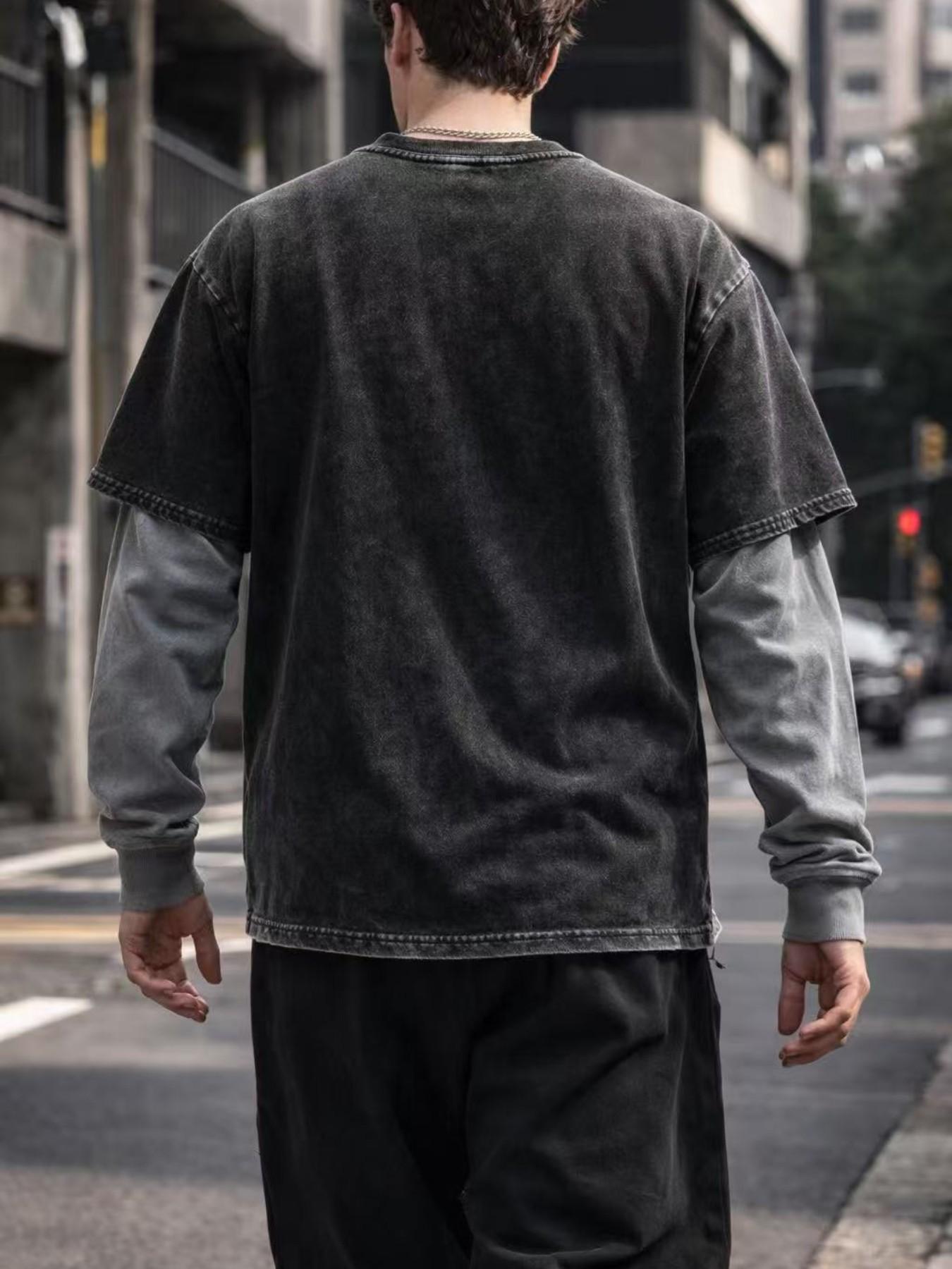 Men’s Fake 2-in-1 Layered T-Shirt | Washed Oversized Streetwear Double Layer Tee