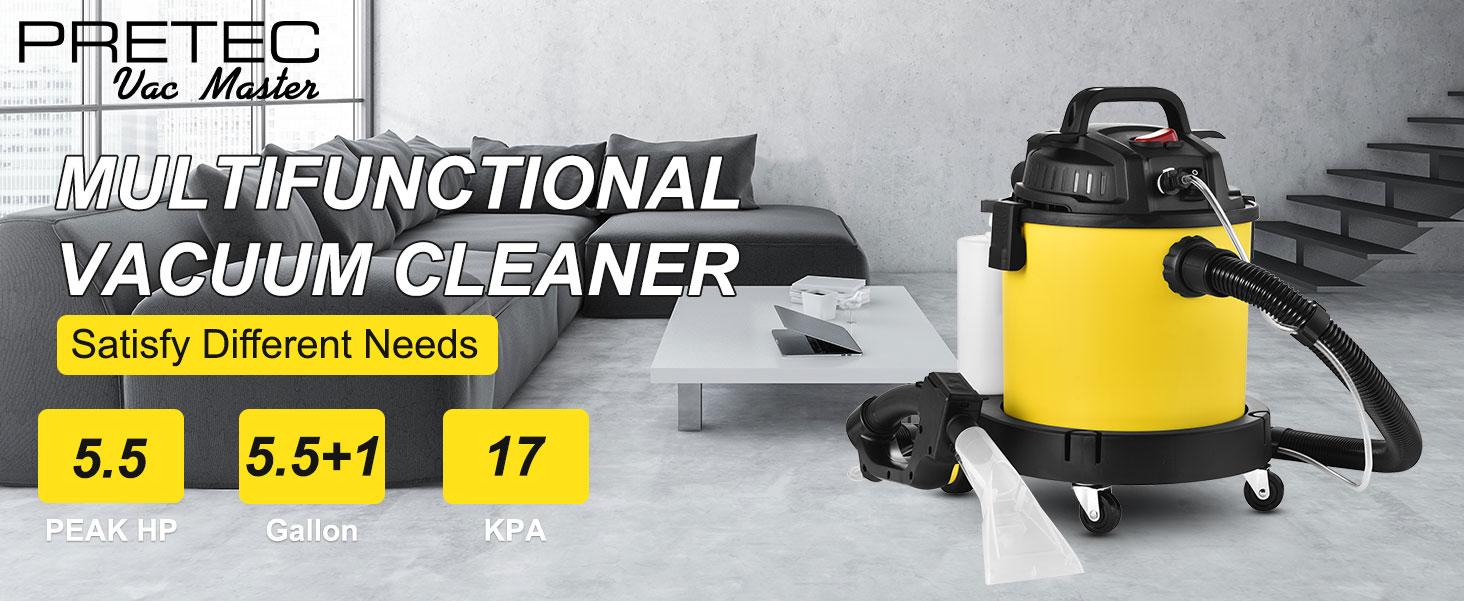 PRETEC 5.5+1 Gallon Wet & Dry Vacuum – 17 kPa Powerful Suction, 4-in-1 Multi-Purpose Cleaner with 15 ft Cord, Quiet 70 dB Operation – Ideal for Dog Hair, Garage, Home & Car