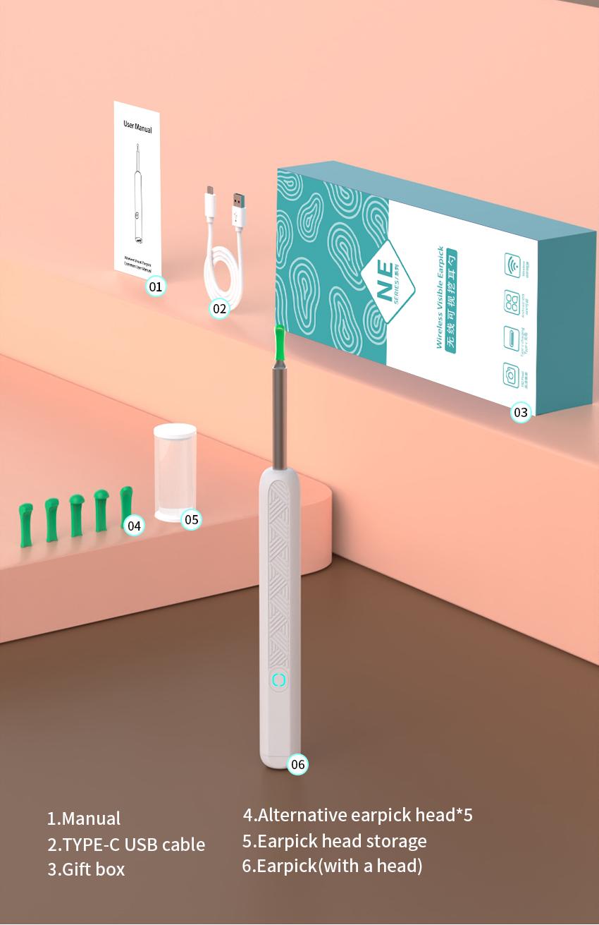 JPHYLL Rechargeable Earwax Removal Tool Kit with 360° Camera Waterproof Type-C Charging Portable Ear Cleaner for iPhone & Android 8 Attachments