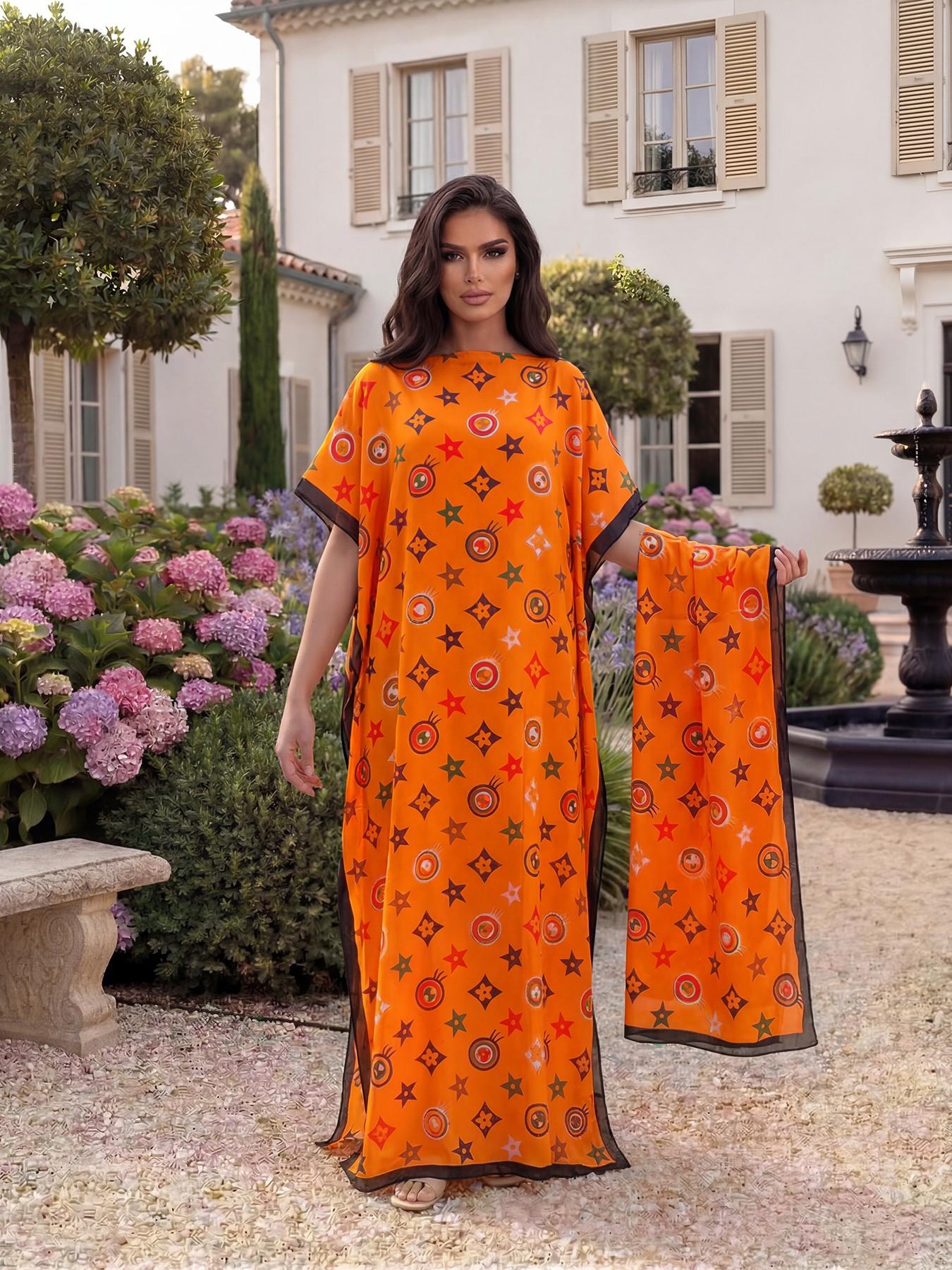 Women's Elegant Chic Geometric Print Robe Set, Long Dress & Scarf Shawl, Beach Sun Protection Satin Silk Matching Set