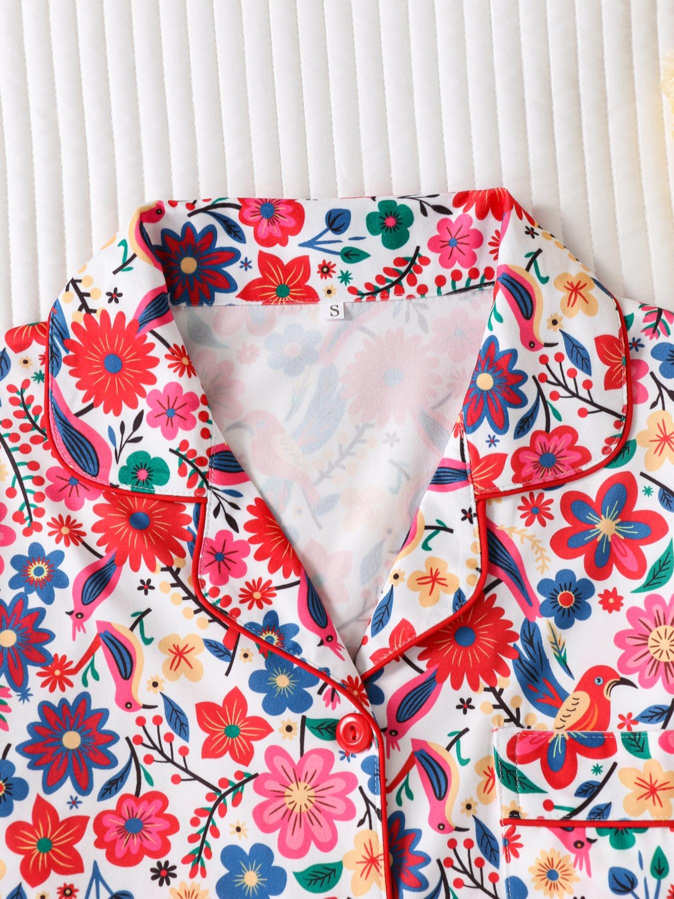 Women's Floral Print Pajama Set, Lapel Button Long Sleeve Top & Loose Comfortable Pants, Casual Fitted Sleepwear & Loungewear for All Seasons