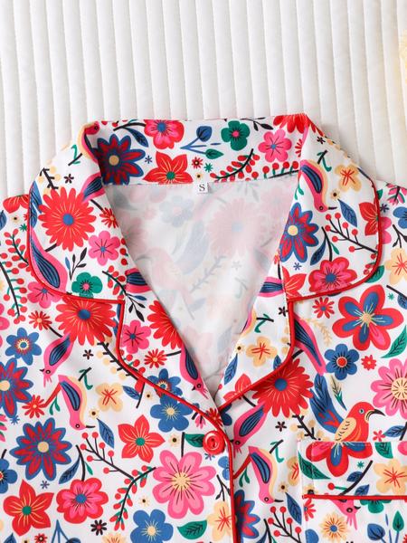 Women's Floral Print Pajama Set, Lapel Button Long Sleeve Top & Loose Comfortable Pants, Casual Fitted Sleepwear & Loungewear for All Seasons