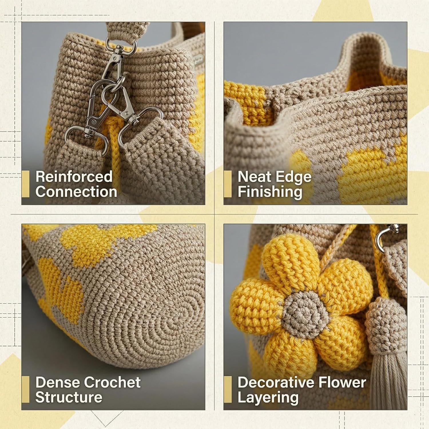 Handmade Crochet Flower Bucket Bag, Women's Mesh Knit Shoulder Bag, Cute Floral and Fringe Decor, Large Capacity, Fashionable, All Seasons, Hand Crocheted Bag