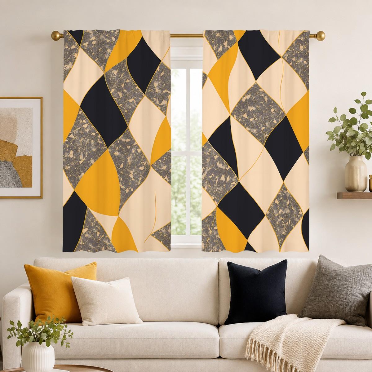 2pcs Modern, minimalist luxury semi-blackout curtains in yellow, black, and beige with a diamond geometric pattern. Pocket rod installation, made of polyester, suitable for bedrooms, kitchens, studies, etc. Semi Shading Curtain