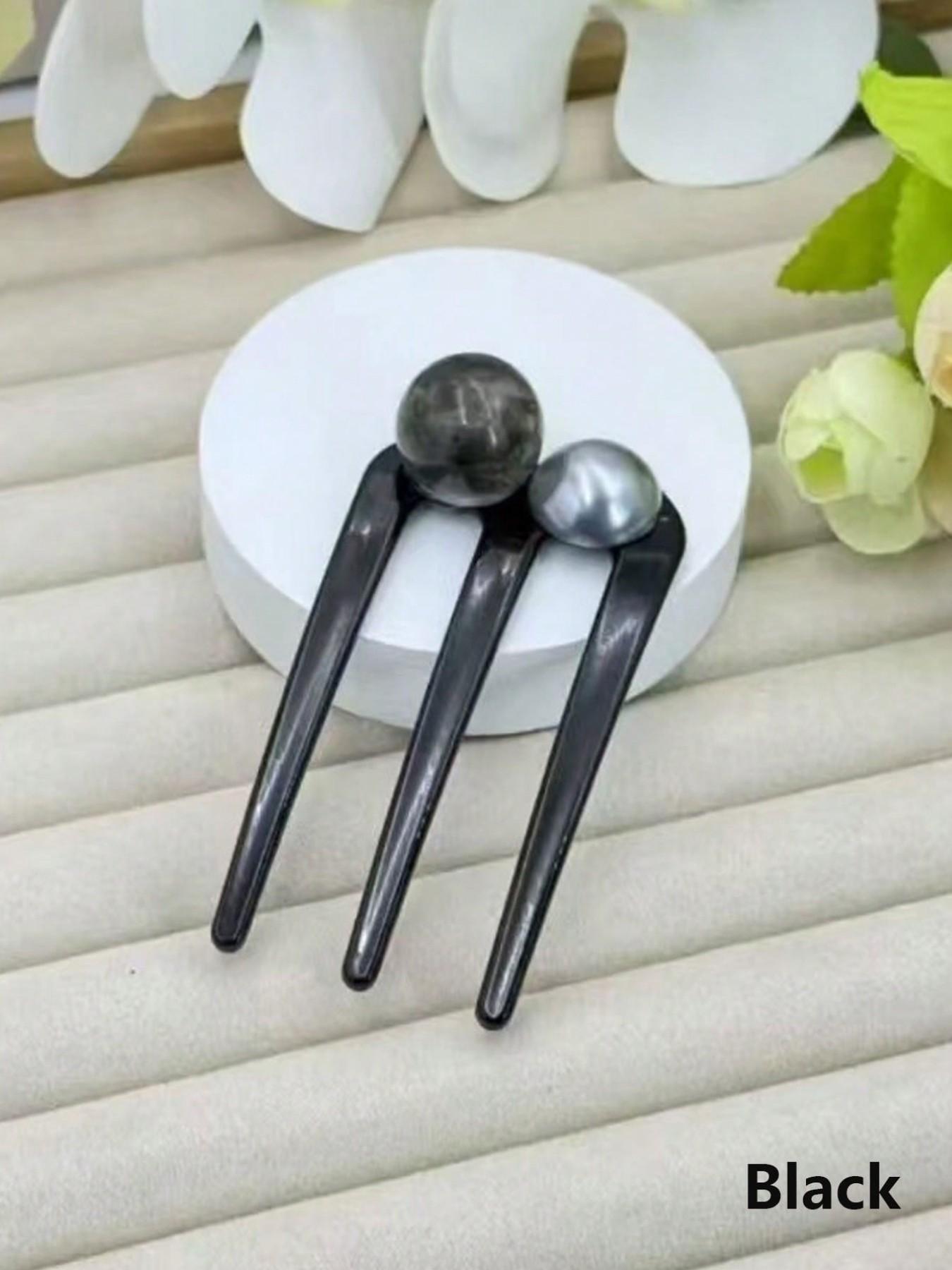 Elegant Three-Tooth Bead U-Shaped Hairpin，Bun Updo Hairpin， Vintage Hair Clips - Black & White with Green Synthetic Gemstonestone Accents, Versatile for Casual & Formal Occasions, All-Season girls Hair Accessories, Hair Accessories, Classic Hairpins,
