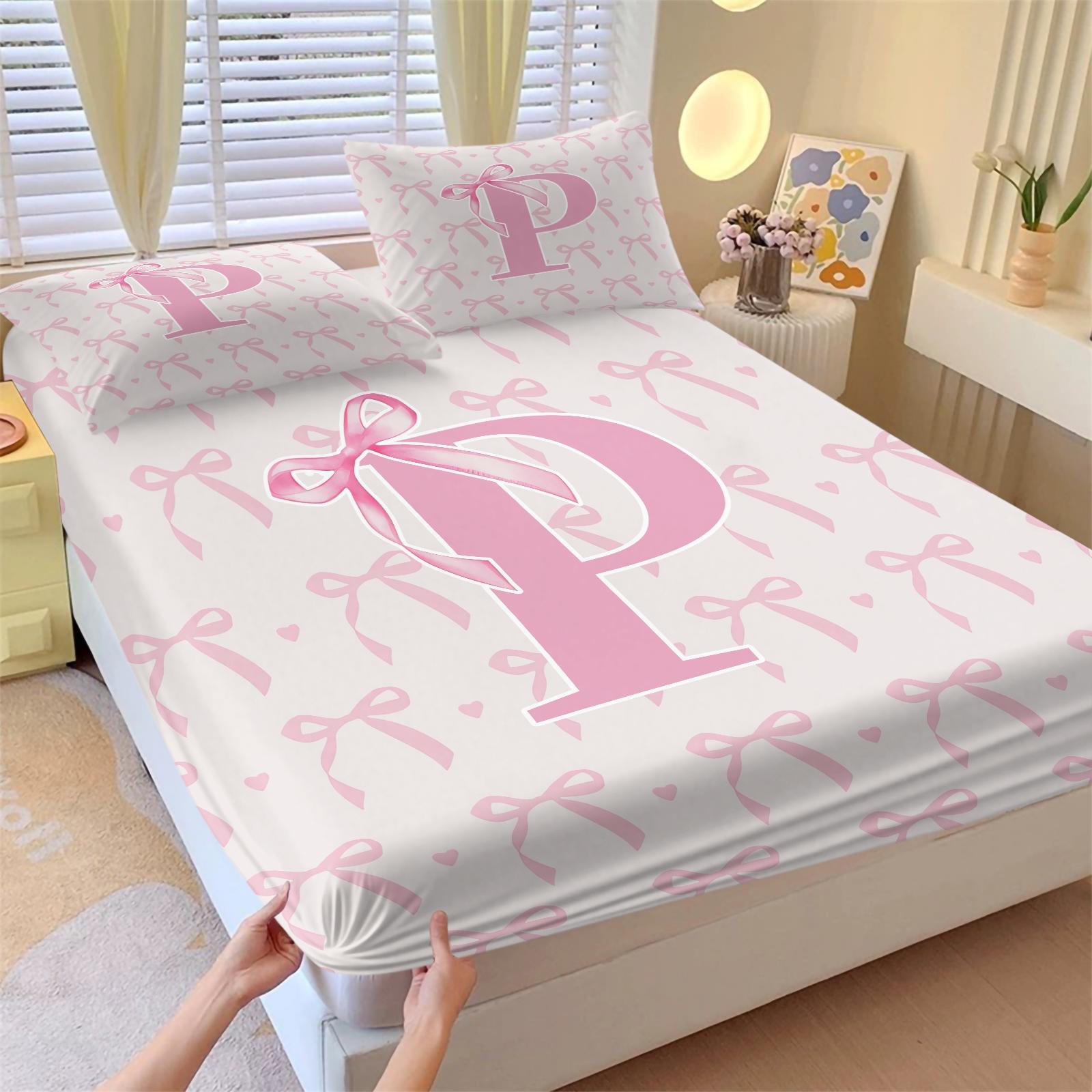 3Pcs Pink Romantic Ballet Bow Alphabet Fitted Sheet Set, For Kids Bedroom & Homestay, Elastic Wrap Around Mattress, Perfect for Housewarming, Birthday & Christmas Gifts