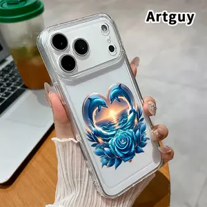 Dolphin Heart Rose TPU Pattern Phone Case for iPhone 17 15 16 14 Pro Max 13 12 11 Air XR XS E Plus Non-Yellowing Clear Crystal Drop-proof Protection Slim Silicone Cover