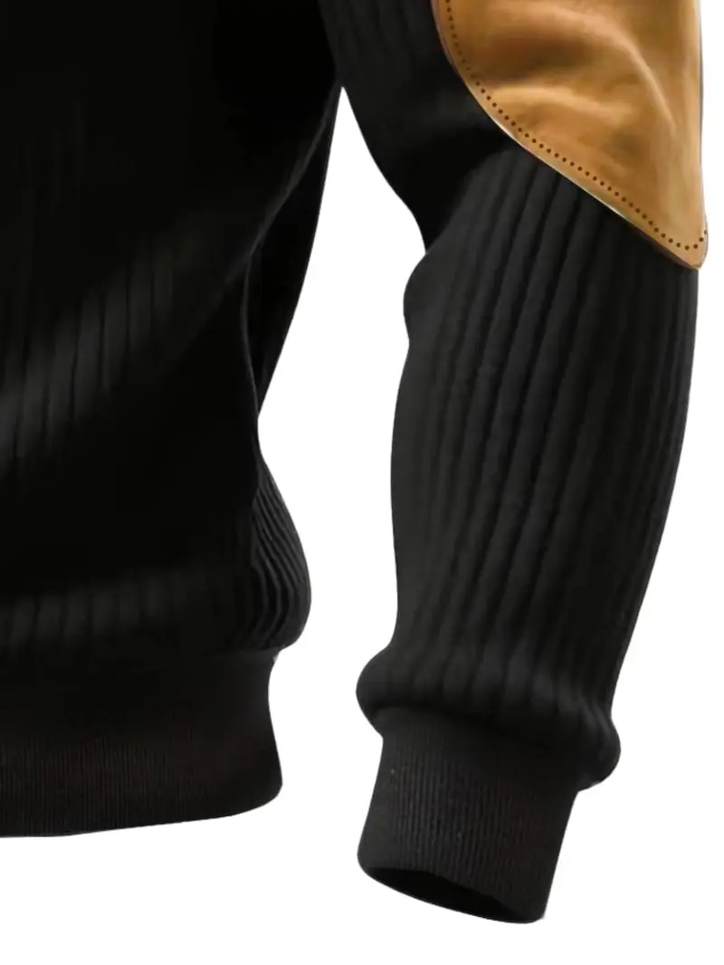 Men's Half-Zip Stand Collar Knit Top, Suede Texture Shoulder Patches, Bull Head Print, Slim Fit, Retro American Style, Casual Wear, Knitwear Men's Half-Zip Stand Collar Knit Top, Suede Texture Shoulder Patches, Bull Head Print, Slim Fit, Retro American Style, Casual Wear, Knitwear
