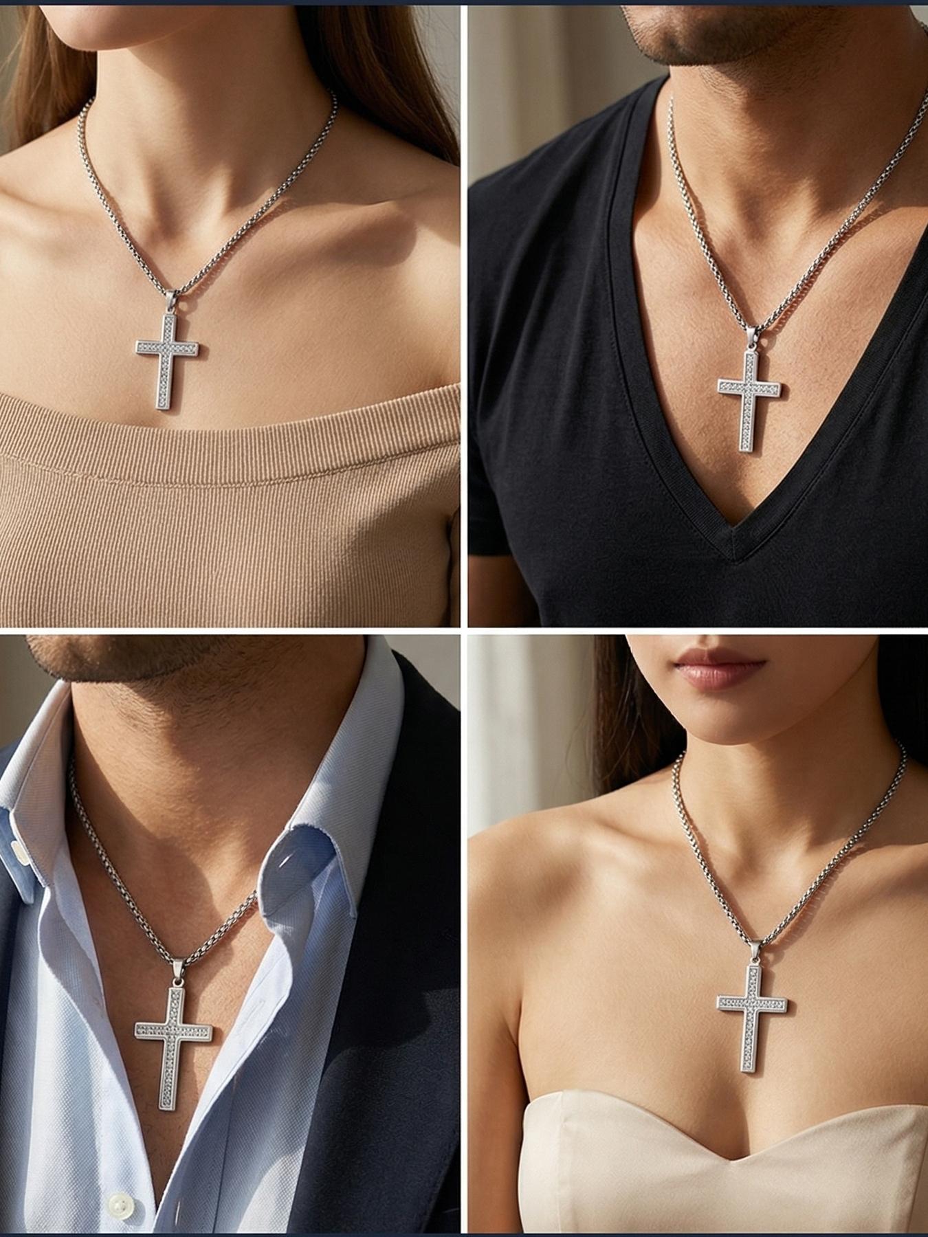 18K Diamond-encrusted Cross Necklace, Simple and Versatile, for Couples # Best Friends # Jewelry / Stainless Steel / Colorfast / Hypoallergenic / Couples / Festivals / Parties / Ideal Gift
