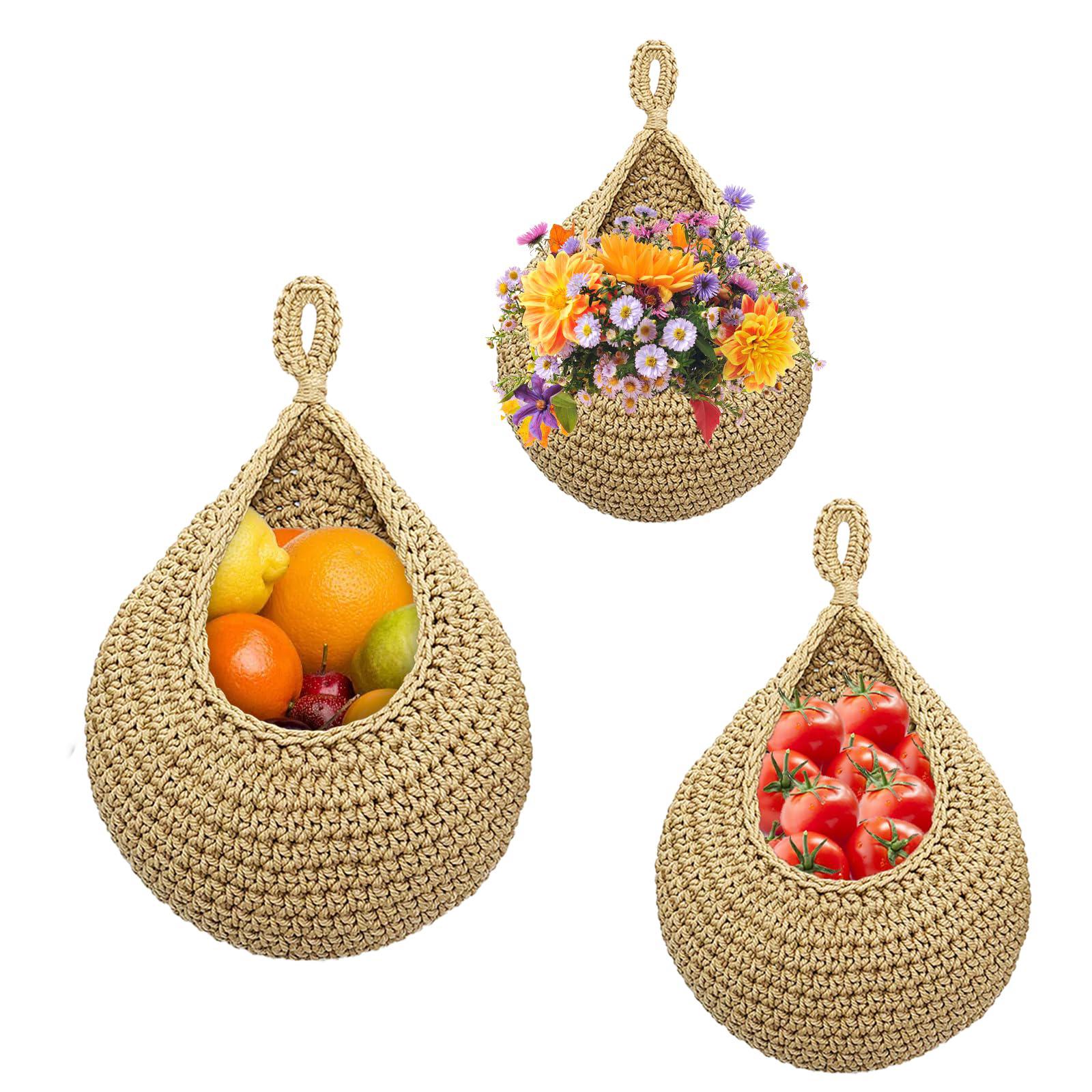 Hanging Wall Vegetable Fruit Basket, 3 Counts/set Boho Style Handwoven Wall Mounted Fruit Veggie Basket, Home Organizer for Kitchen Living Room