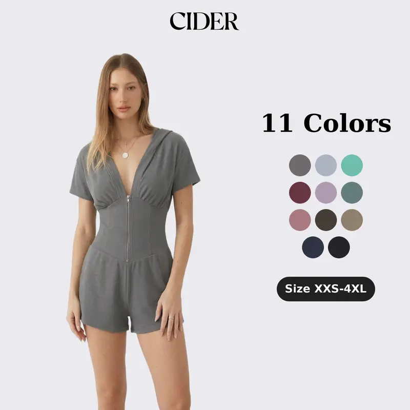 Cider Textured V-neck Ruched Front Romper with Zipper and Hood
