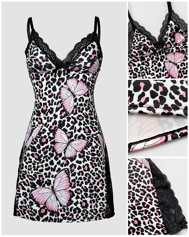 Chicme Women's Lace Trim Slit Bowknot Decor Sleep Dress Butterflydress Lace Trim Babydoll Nightgown