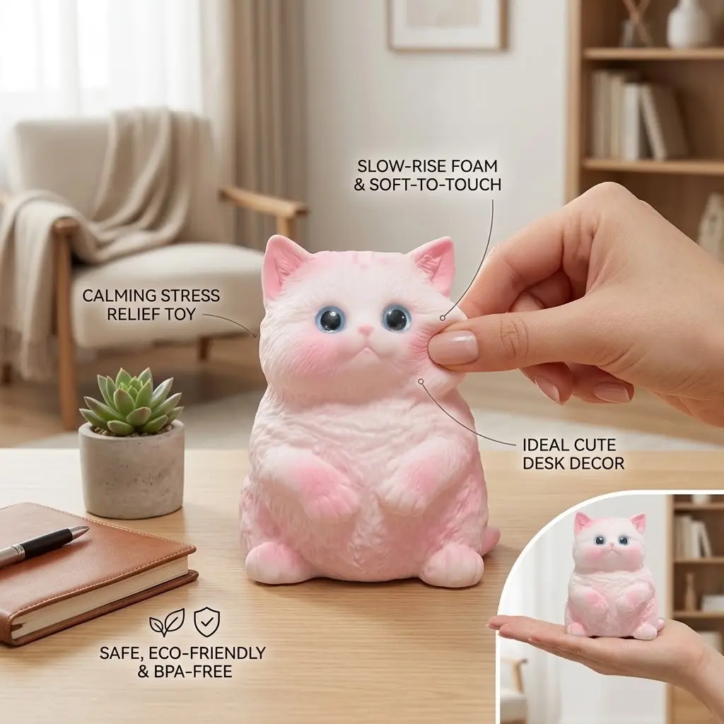 Cute Cat Squishy Toy, Stress Relief Sensory Gift, Office Desk Decor, Anxiety Soothing Interactive Holiday Present, Portable Stress Relief