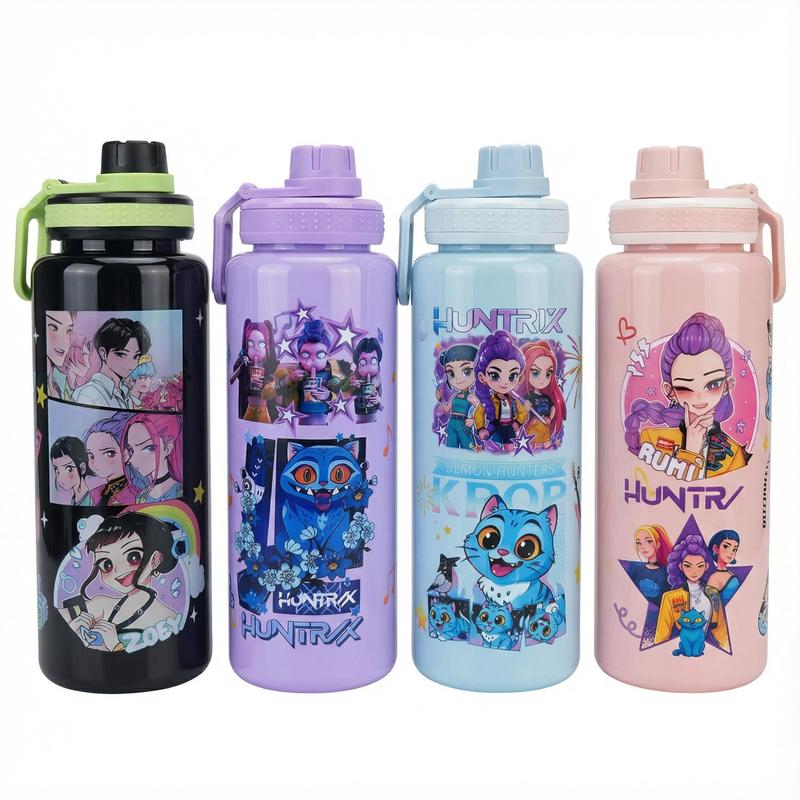 K-Pop Ghost Hunter Theme Totem Water Bottle with Lid and Straw, Reusable Hard Plastic, 1000ML Eco-Friendly, Perfect for School, Travel, Halloween Party