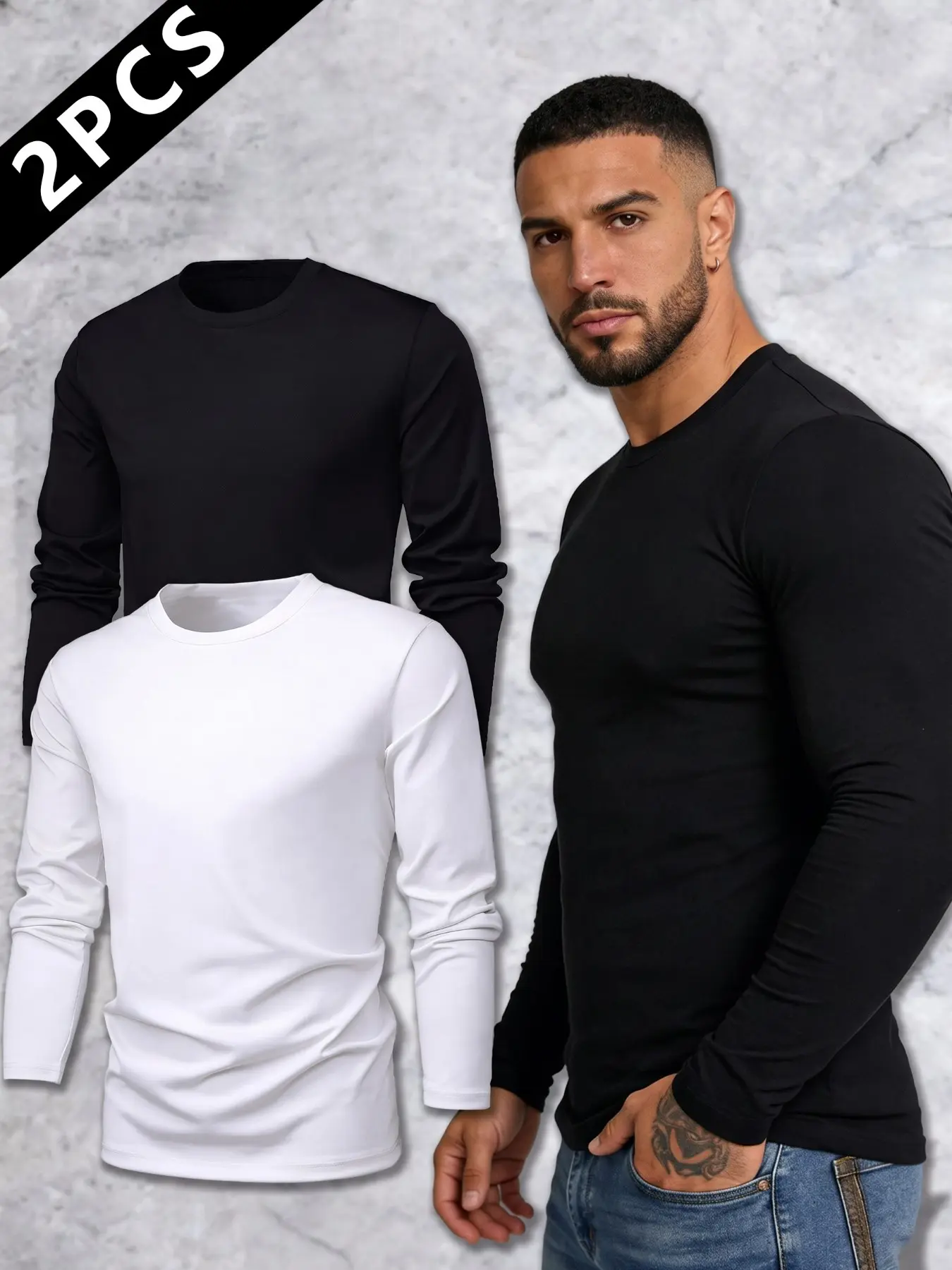 Men's 2 Pack Slim Fit Crew Neck Long Sleeve Shirts, Solid Black White Basic Stretch Undershirt, Casual Workout Daily Wear Long Sleeve Tee Tops