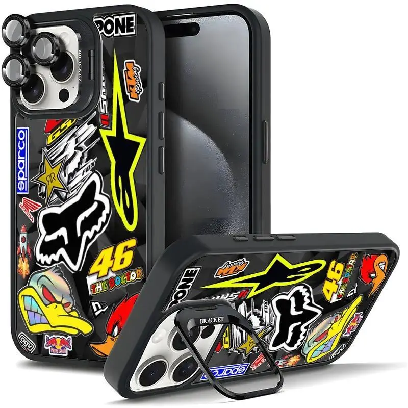 Racing Motocross Style Phone Case with Anti-Drop TPU, 4-Corner Drop Guard, Bracketed Lens, Stand, Metal Lens Frame, Protector Film for Samsung, iPhone 17/AIR/16/15/14/13/12/11 PRO PLUS MAX (11X-L1297)
