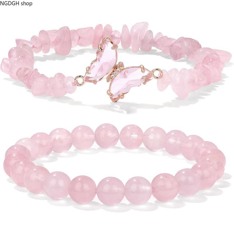 Women's Pink Natural Stone Butterfly Lightweight Charm Bracelet - Gold Drop Accent, Stretch Beaded Sparkle, Trendy Adult Sports & Outdoor Accessory for Party & Casual Outfits