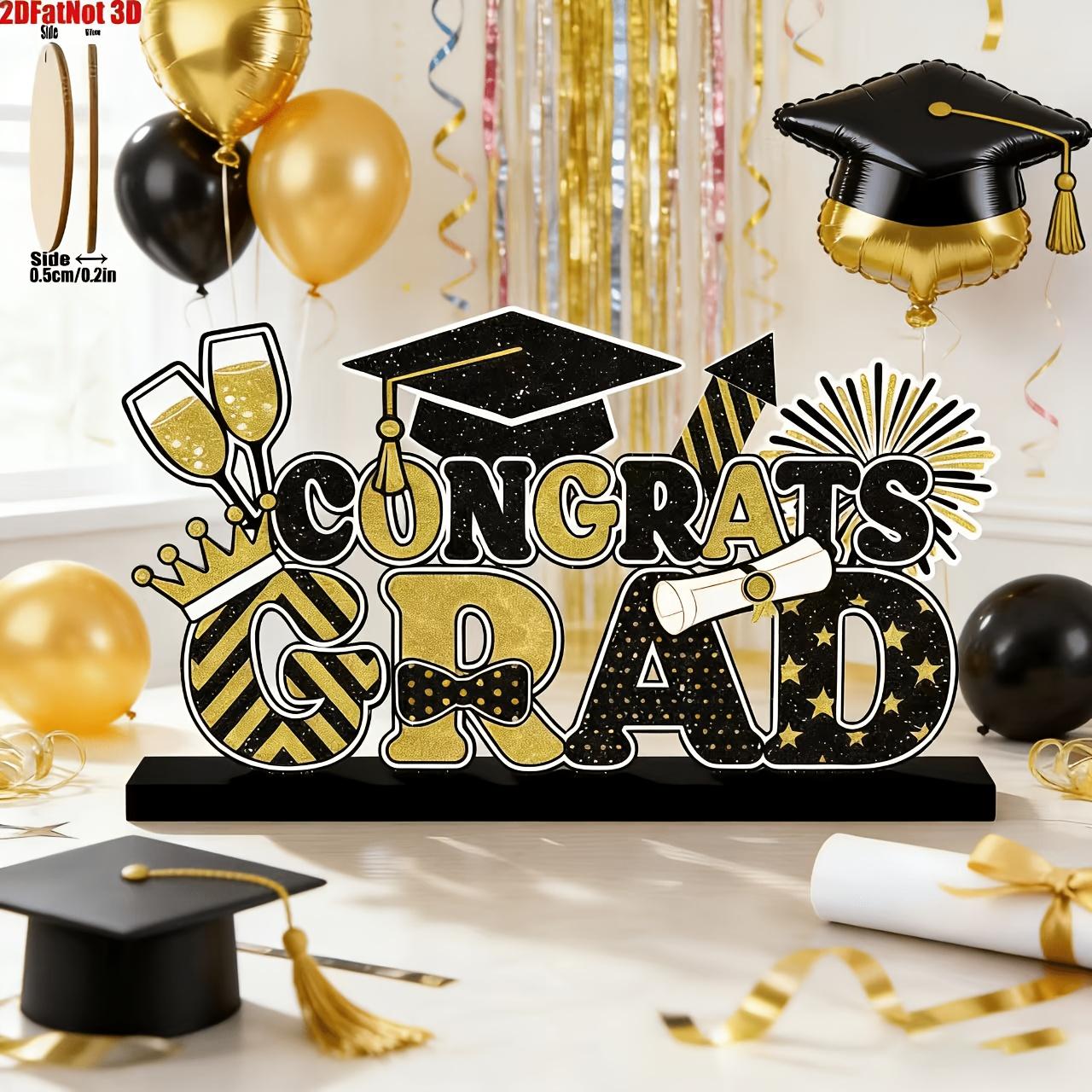 2D Graduation Table Sign, and, Wooden Base, Centerpiece Decor, Suitable for Desk Shelf, Fireplace Shelf, Party Supplies