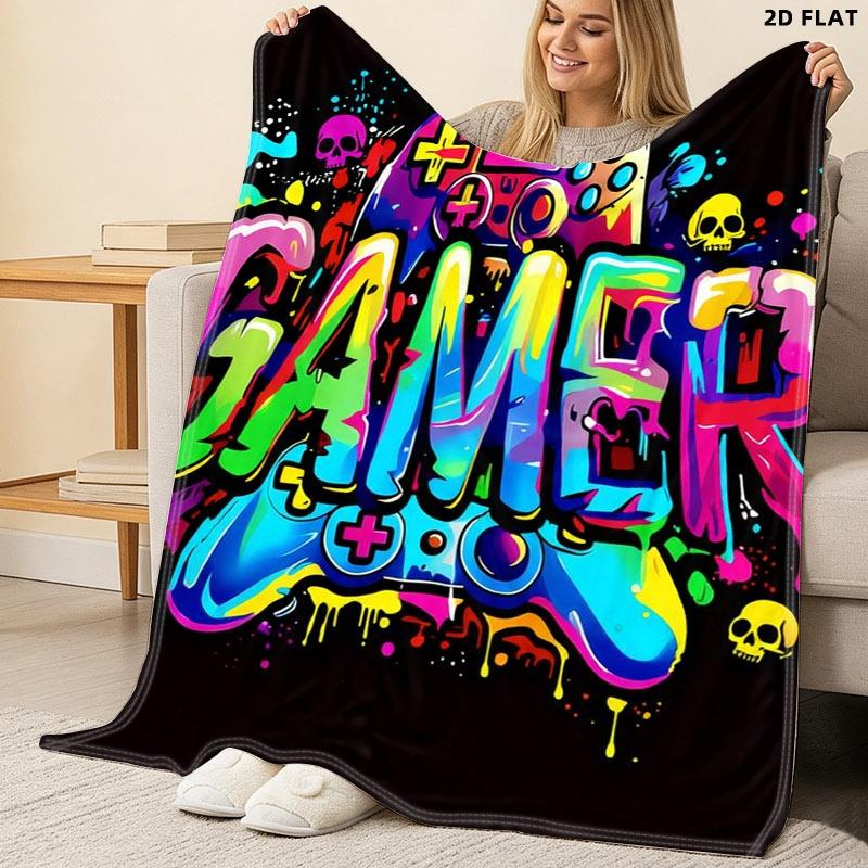 GAMER - Themed Graffiti - Style Throw Blanket, Single - Sided Printed, Various Specs, Vibrant Game Controller & Skulls Design, Perfect for Gaming Room/Lounge Relaxation, Soft Comfortable Fabric for Adults, Stylish Decorative & Cozy Nap Blanket