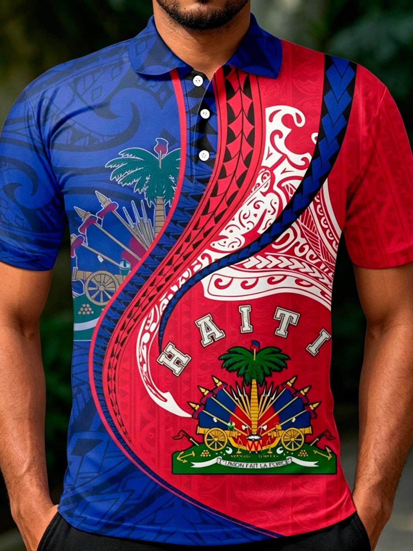 Summer Men's Tropical Colorblock Dopamine Full Print Street Fashion Polo, Collared Polo Shirt, Menswear, Haiti Flag Print Golf Shirt, Loose-Fit Casual All-Season Top, Printed Polo Shirts, Summer Polos