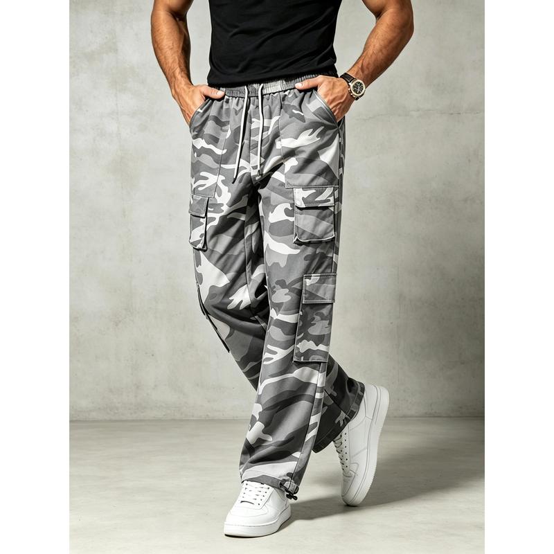 Men's Camouflage Work Pants, Elastic Waist, Adjustable Drawstring, Large Side Pockets, Snap Details, Loose Straight Leg Pants with Toggle Cuffs, Suitable for Daily Street and Outdoor Wear