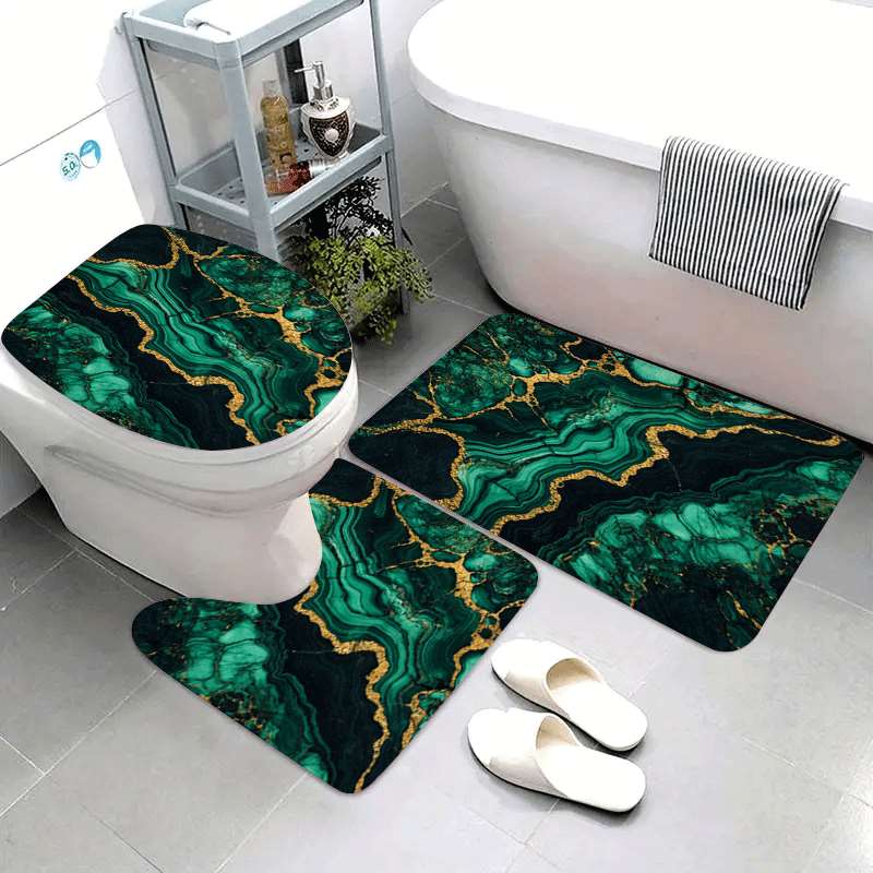 3PCS Luxury Agate Golden Line Bath Rug Set, Flannel Non-Slip Absorbent Mat, Includes U-Shaped Rug and Toilet Lid Cover